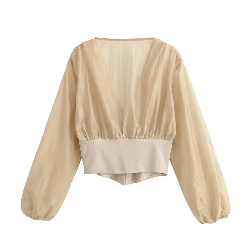 Damen Cropped Chiffon-Bluse mit tiefem V-Ausschnitt und tailliertem Korsettbund Nord Taschen
