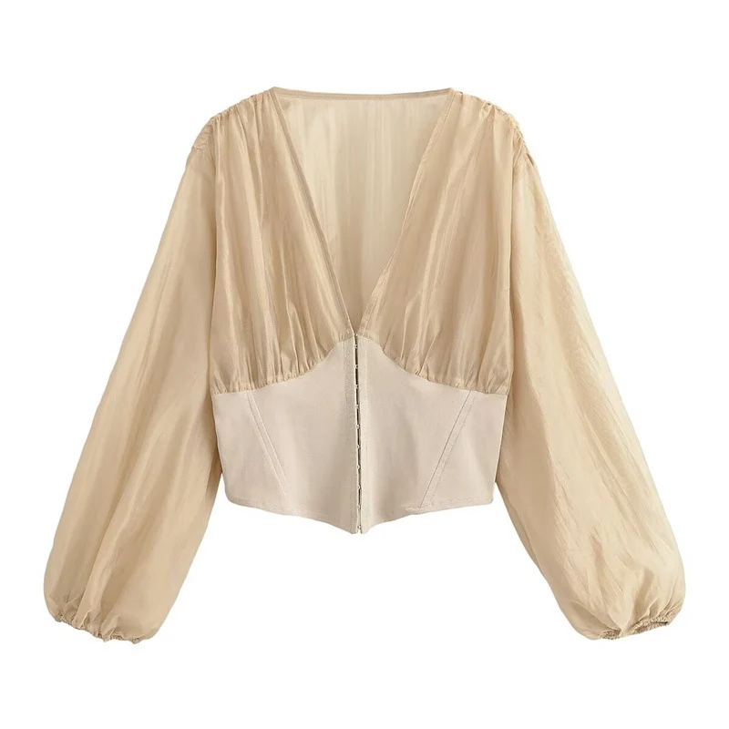 Damen Cropped Chiffon-Bluse mit tiefem V-Ausschnitt und tailliertem Korsettbund Nord Taschen