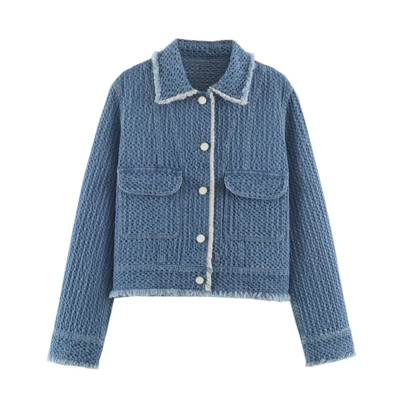 Damen Cropped Boxy-Jeansjacke mit Waffelstruktur, aufgesetzten Pattentaschen und Fransenabschluss Nord Taschen