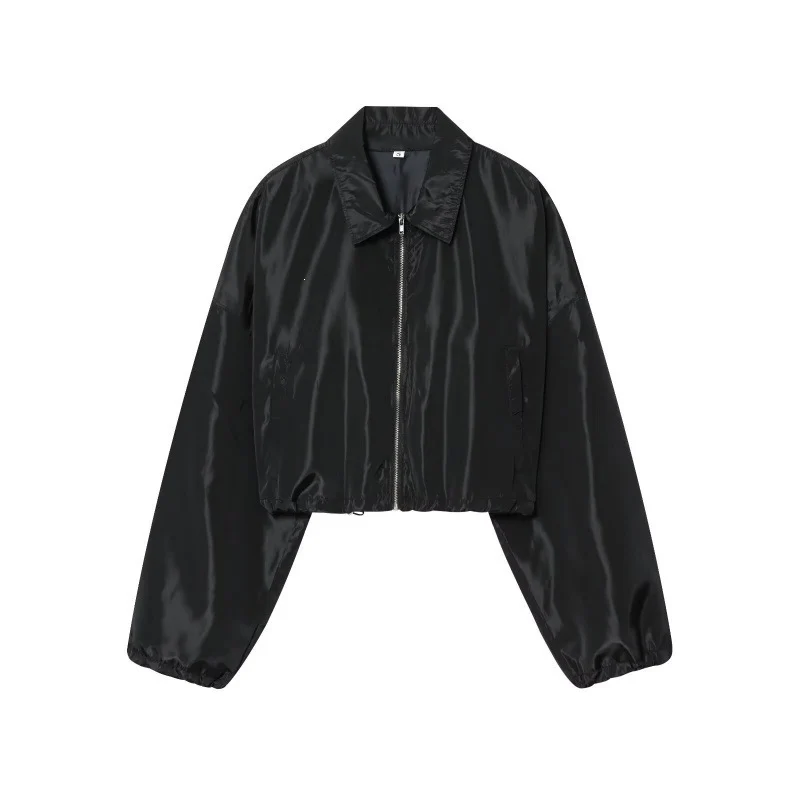 Damen Cropped Bomberjacke aus Satinoptik mit Reißverschluss und elastischem Saum Nord Taschen