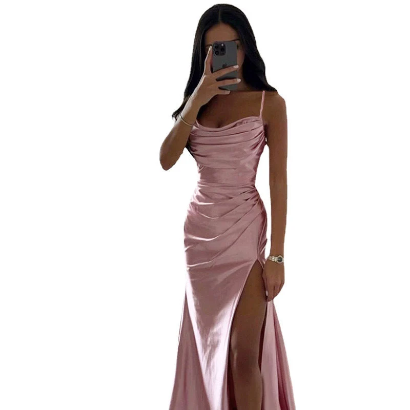 Schnürung Falten Schlitz Satin Schmaler Schnitt Bodycon Kleid - Arvani