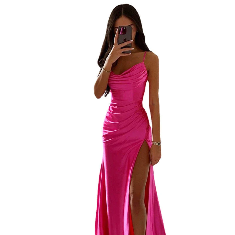 Schnürung Falten Schlitz Satin Schmaler Schnitt Bodycon Kleid - Arvani