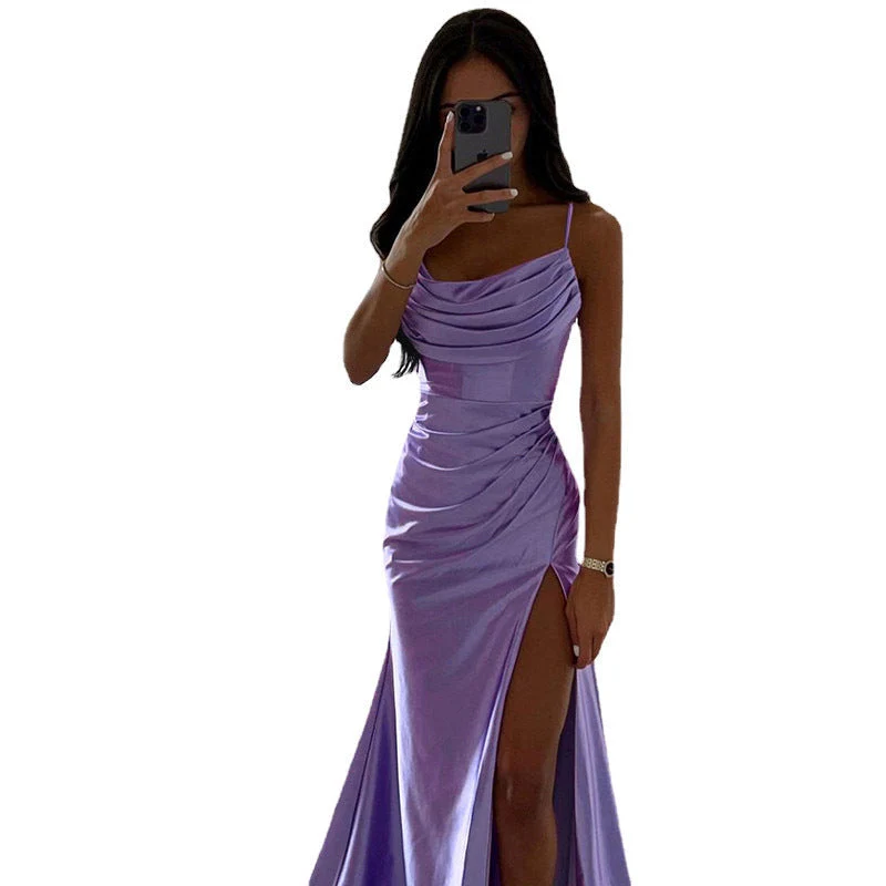 Schnürung Falten Schlitz Satin Schmaler Schnitt Bodycon Kleid - Arvani