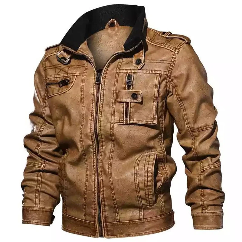 Herren Bikerjacke aus Kunstleder mit Stehkragen, markanten Ziernähten und Mehrfach-Taschendetails Nord Taschen