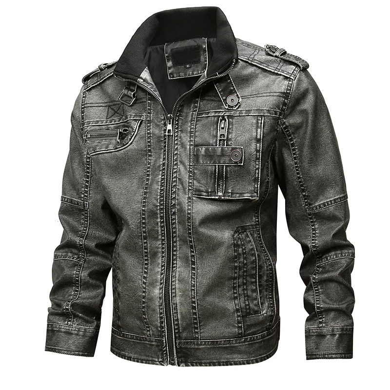 Herren Bikerjacke aus Kunstleder mit Stehkragen, markanten Ziernähten und Mehrfach-Taschendetails Nord Taschen