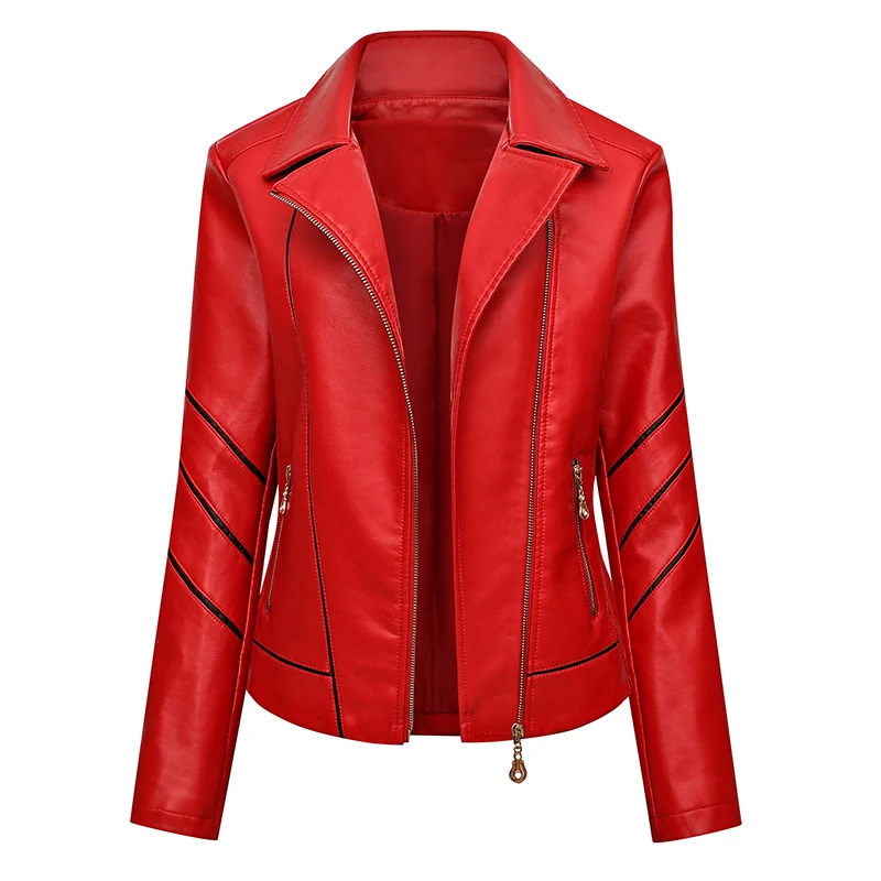Damen Taillierte Kunstleder-Bikerjacke mit Ziernähten und Reißverschlusstaschen Nord Taschen