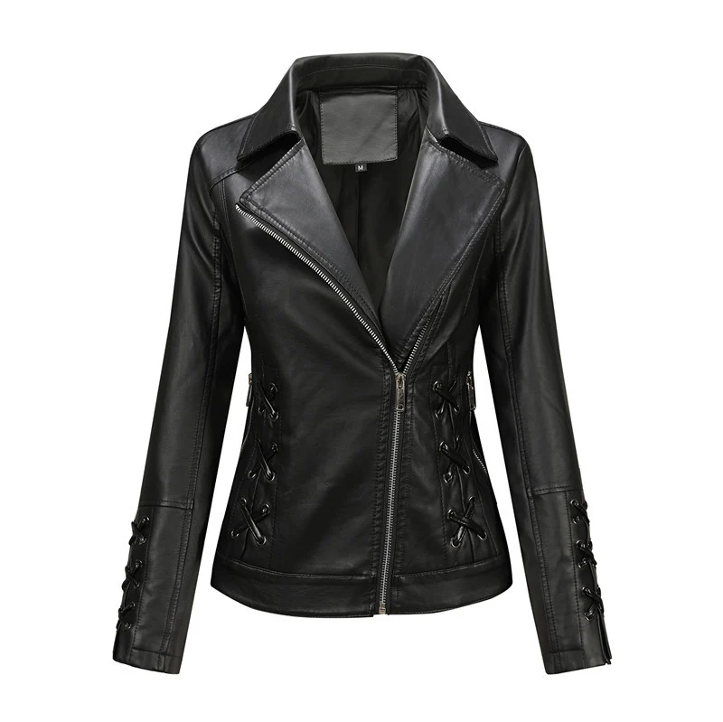 Damen Lederimitat-Bikerjacke mit seitlichen Schnürungen und asymmetrischem Reißverschluss Nord Taschen