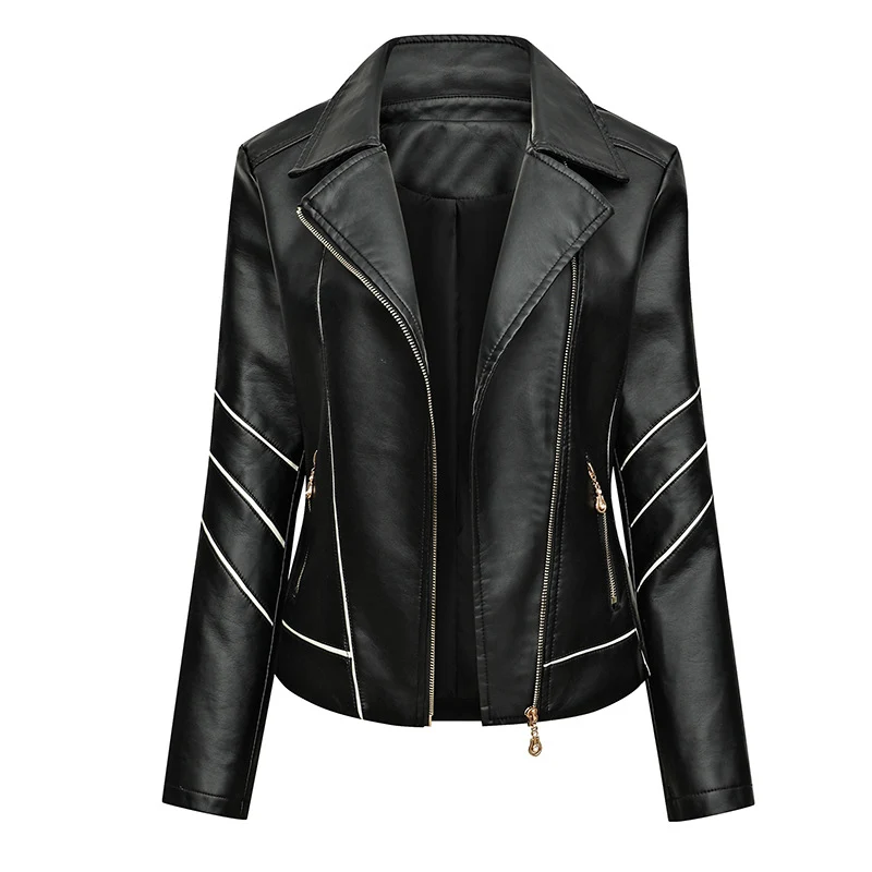 Damen Kurze Kunstleder-Bikerjacke mit asymmetrischem Reißverschluss, Ziersteppungen und Eingrifftaschen Nord Taschen