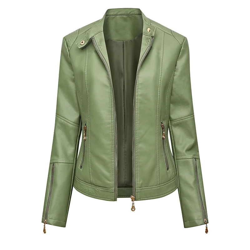 Damen Figurbetonte Kunstleder-Bikerjacke mit Stehkragen, taillierten Nähten und Reißverschlusstaschen Nord Taschen