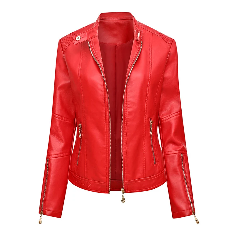 Damen Figurbetonte Kunstleder-Bikerjacke mit Stehkragen, taillierten Nähten und Reißverschlusstaschen Nord Taschen