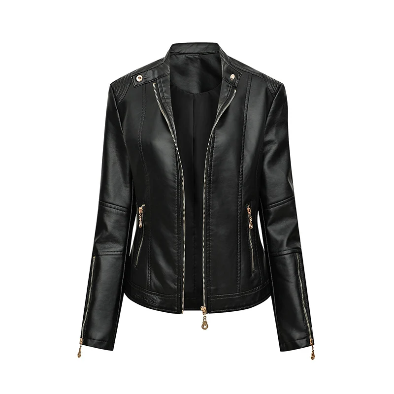 Damen Figurbetonte Kunstleder-Bikerjacke mit Stehkragen, taillierten Nähten und Reißverschlusstaschen Nord Taschen