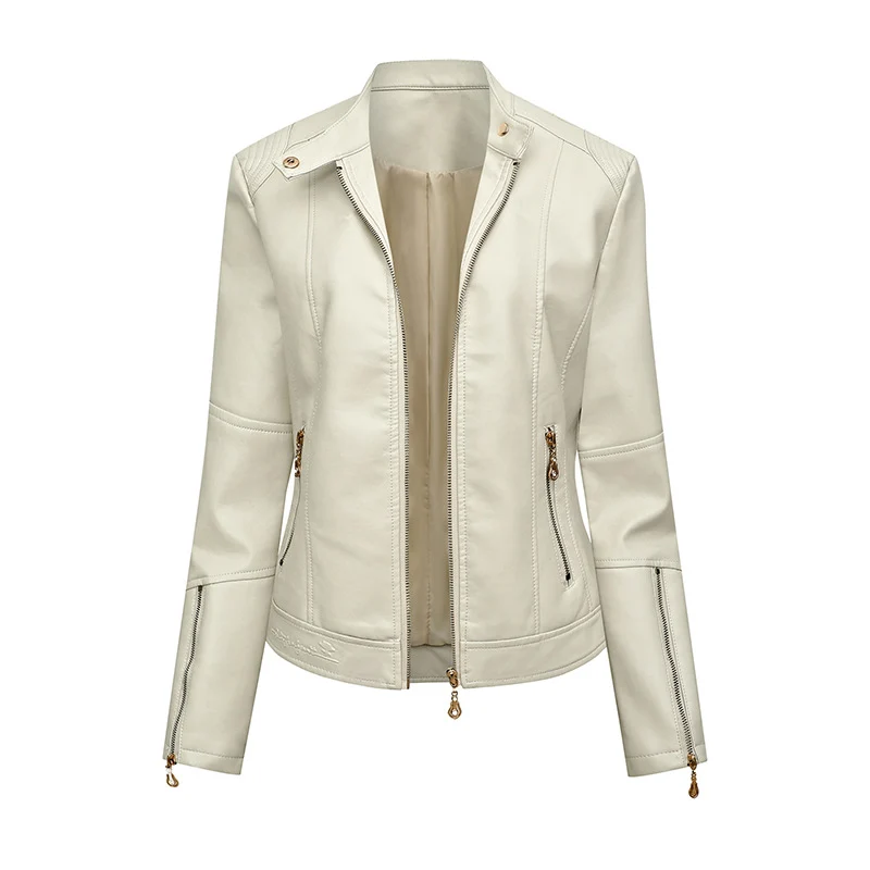 Damen Figurbetonte Kunstleder-Bikerjacke mit Stehkragen, taillierten Nähten und Reißverschlusstaschen Nord Taschen