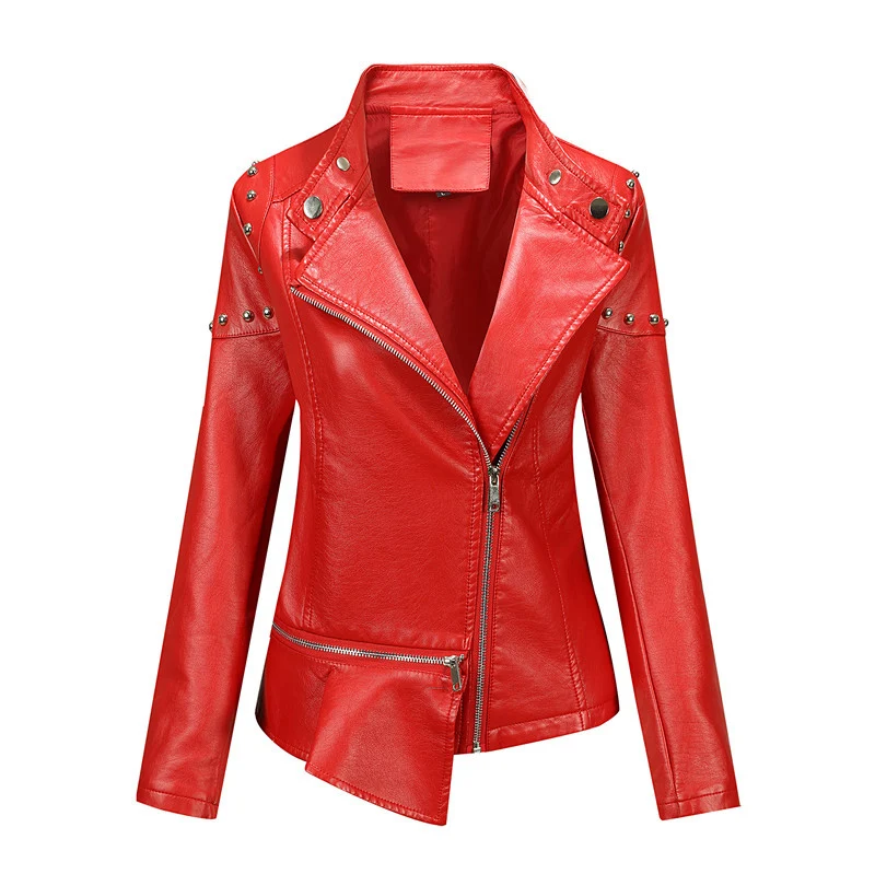 Damen Asymmetrische Kunstleder-Bikerjacke mit Nieten & schrägem Reißverschluss Nord Taschen