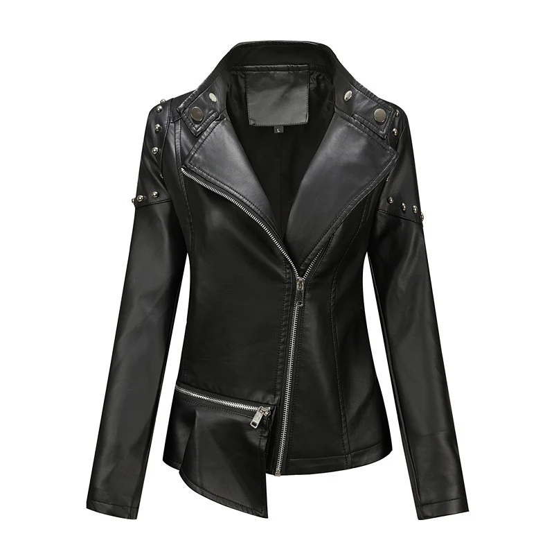 Damen Asymmetrische Kunstleder-Bikerjacke mit Nieten & schrägem Reißverschluss Nord Taschen