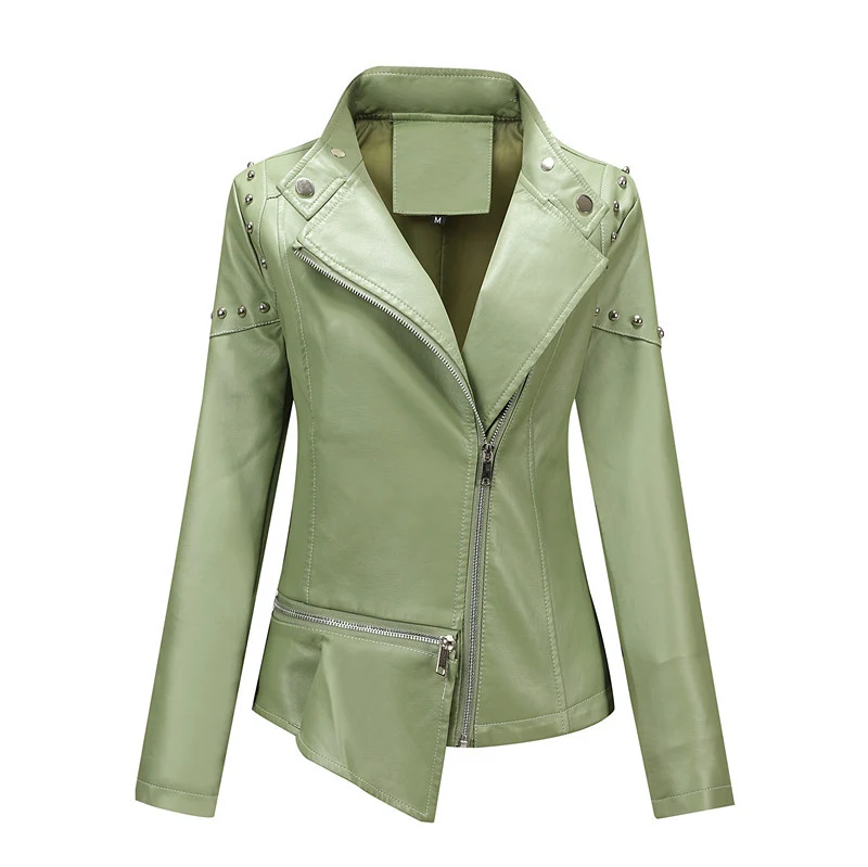 Damen Asymmetrische Kunstleder-Bikerjacke mit Nieten & schrägem Reißverschluss Nord Taschen