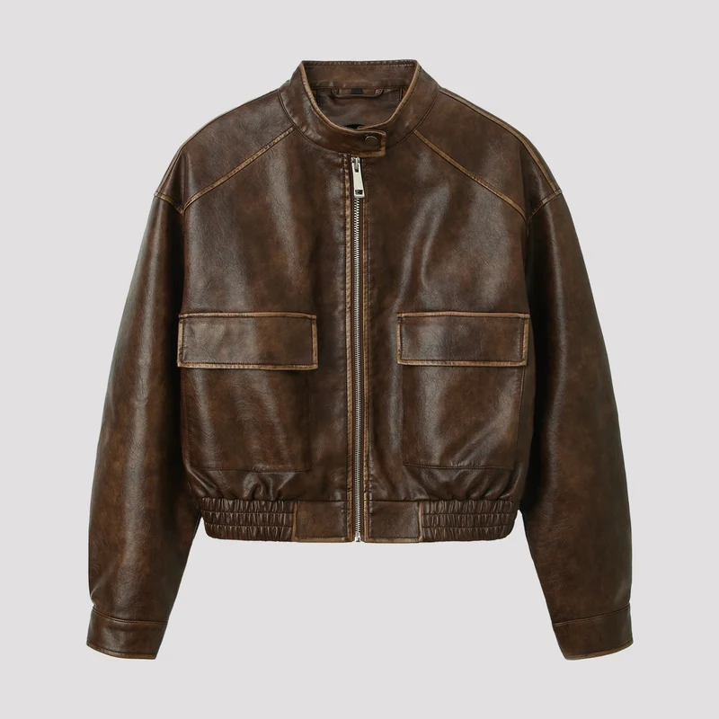Herren Vintage-Leder-Bomberjacke mit Stehkragen, Pattentaschen und elastischem Bund Nord Taschen
