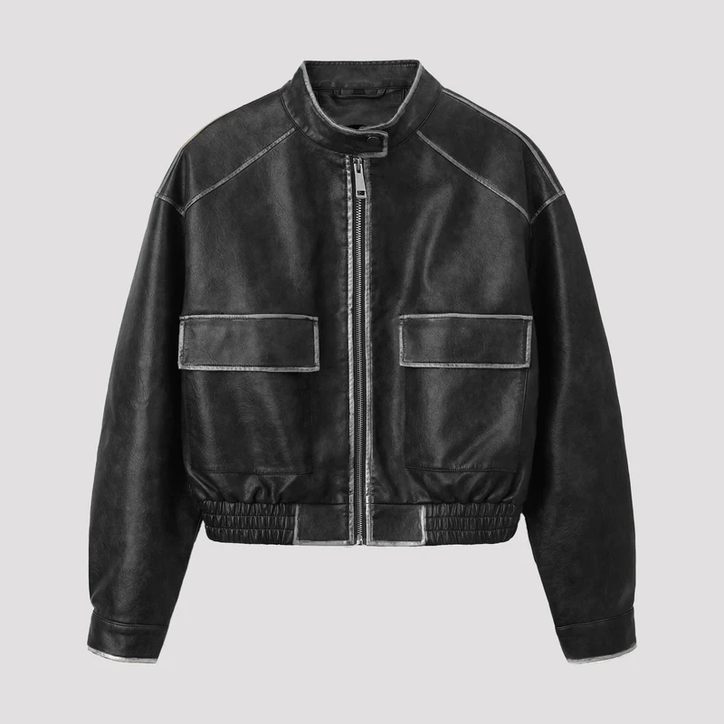 Herren Vintage-Leder-Bomberjacke mit Stehkragen, Pattentaschen und elastischem Bund Nord Taschen