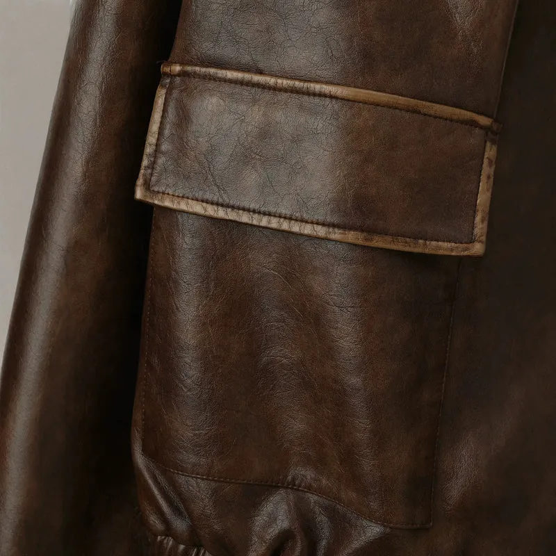 Herren Vintage-Leder-Bomberjacke mit Stehkragen, Pattentaschen und elastischem Bund Nord Taschen