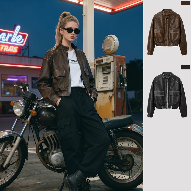 Herren Vintage-Leder-Bomberjacke mit Stehkragen, Pattentaschen und elastischem Bund Nord Taschen