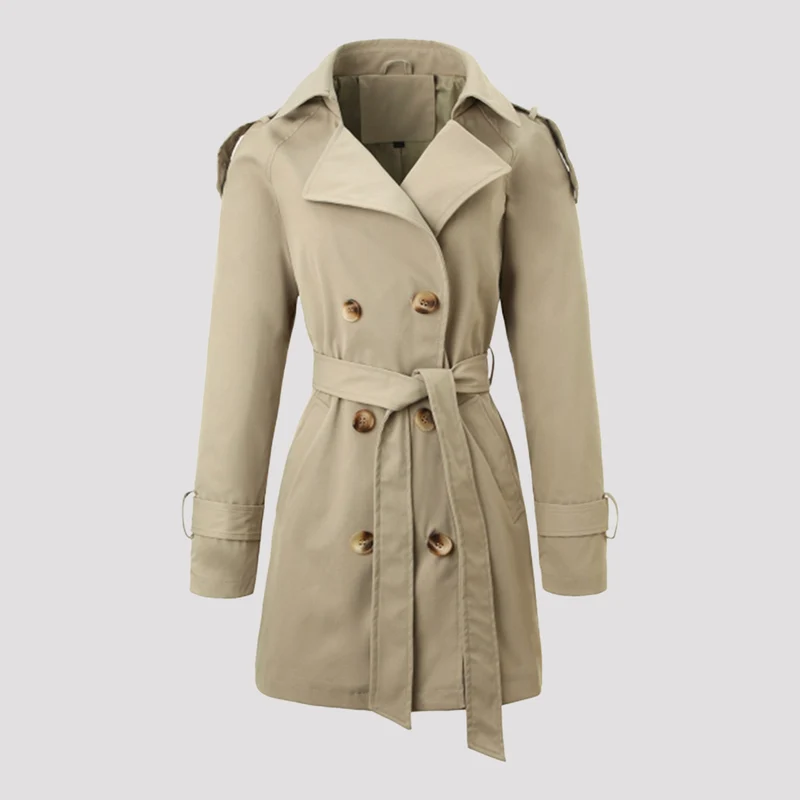 Damen Taillierter Trenchcoat mit Bindegürtel, Schulterriegeln und Metallring-Details Nord Taschen