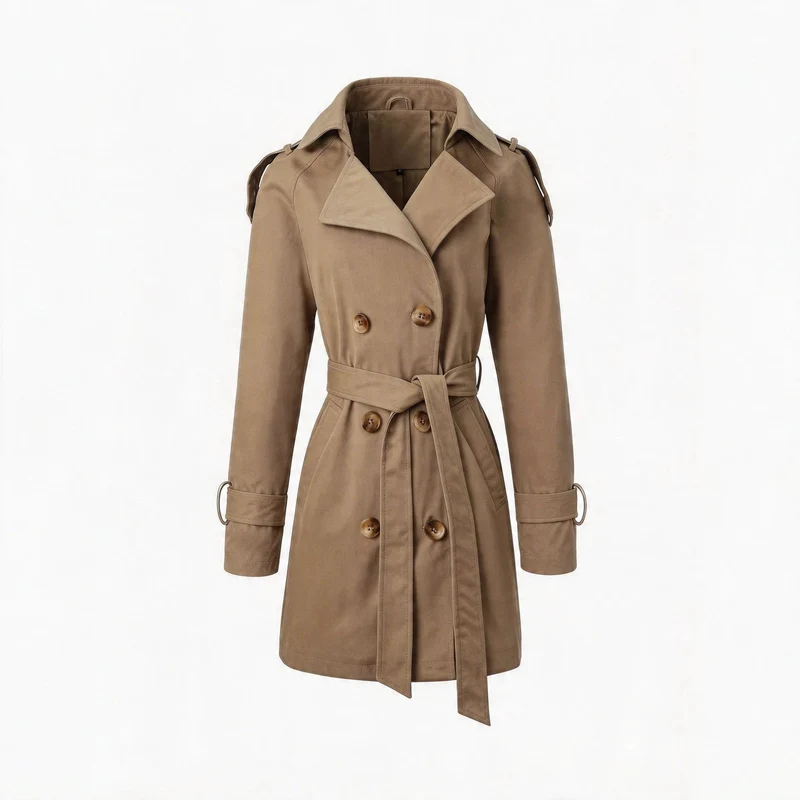 Damen Taillierter Trenchcoat mit Bindegürtel, Schulterriegeln und Metallring-Details Nord Taschen