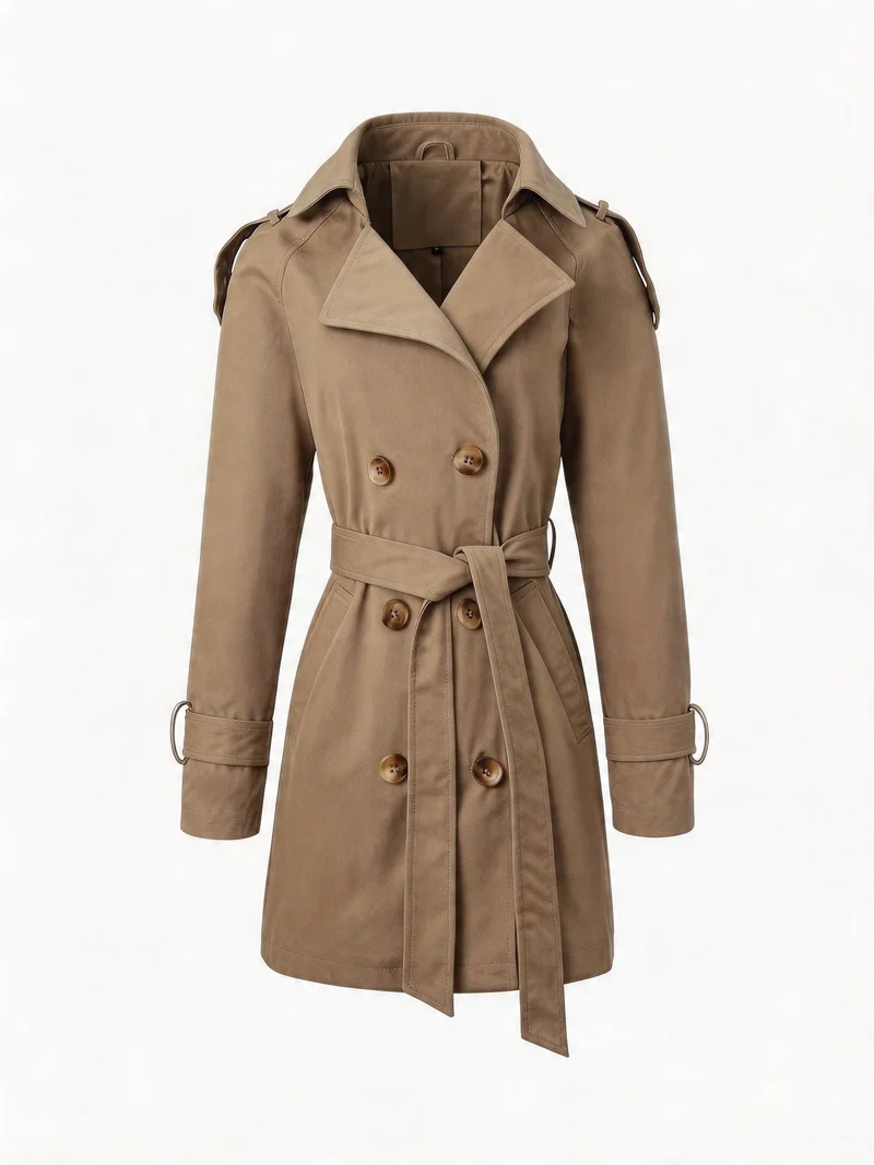 Damen Taillierter Trenchcoat mit Bindegürtel, Schulterriegeln und Metallring-Details Nord Taschen
