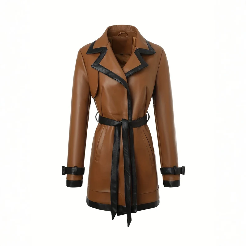 Damen taillierter Kunstleder-Trenchcoat mit kontrastbesatz und Bindegürtel Nord Taschen