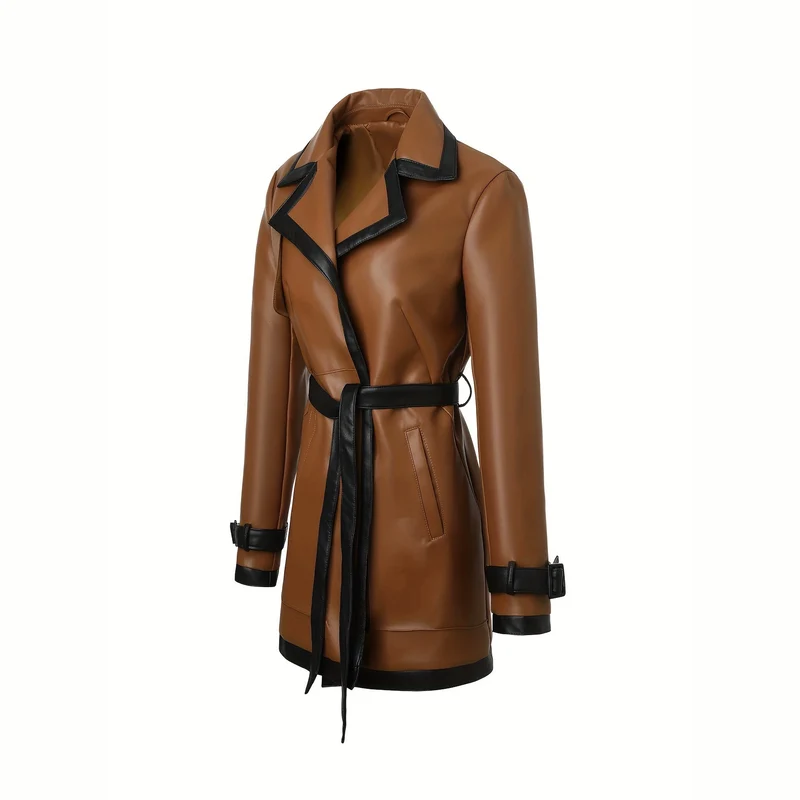 Damen taillierter Kunstleder-Trenchcoat mit kontrastbesatz und Bindegürtel Nord Taschen