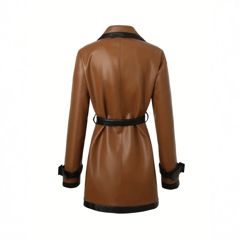 Damen taillierter Kunstleder-Trenchcoat mit kontrastbesatz und Bindegürtel Nord Taschen