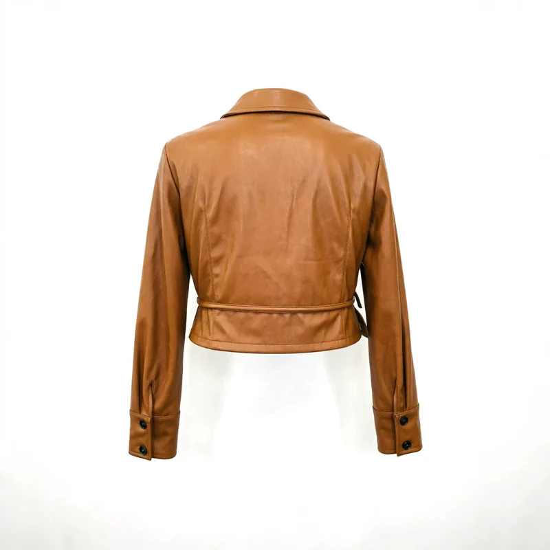 Damen Taillierte Wickeljacke aus Lederoptik mit Bindegürtel und Hemdkragen Nord Taschen