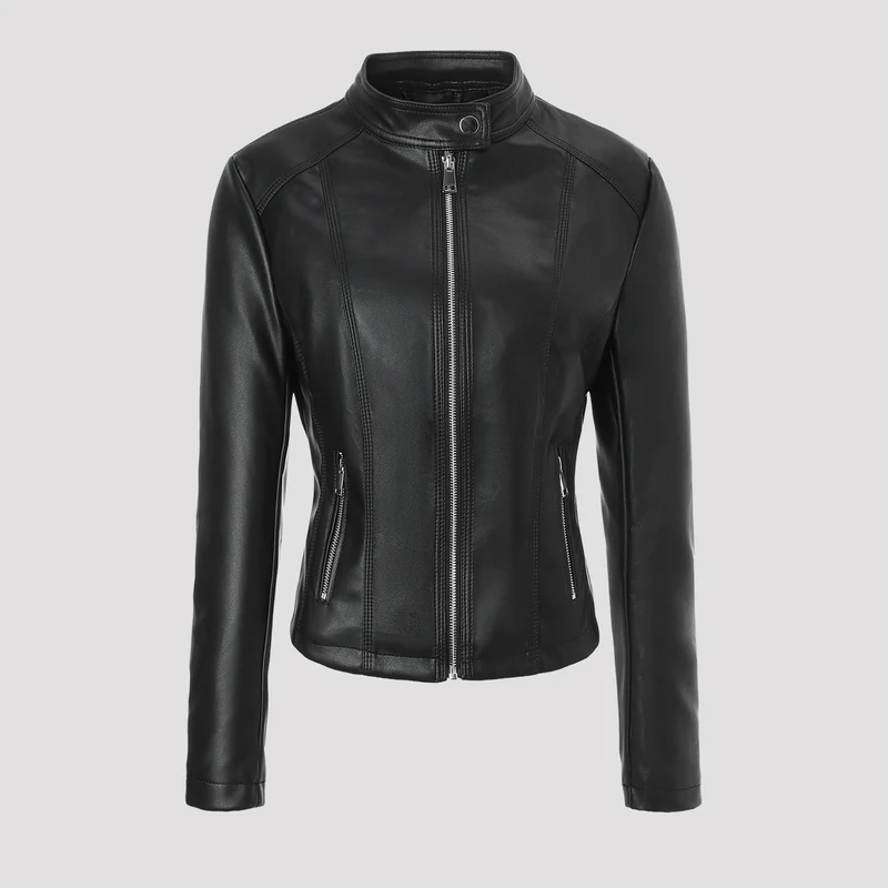 Damen Taillierte Lederjacke mit Stehkragen, vertikalen Ziernähten und Reißverschlusstaschen Nord Taschen