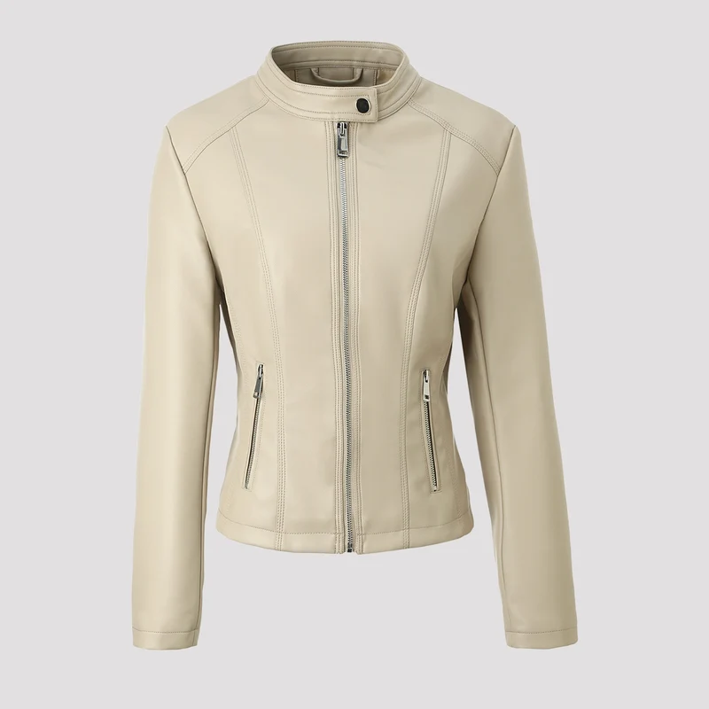 Damen Taillierte Lederjacke mit Stehkragen, vertikalen Ziernähten und Reißverschlusstaschen Nord Taschen