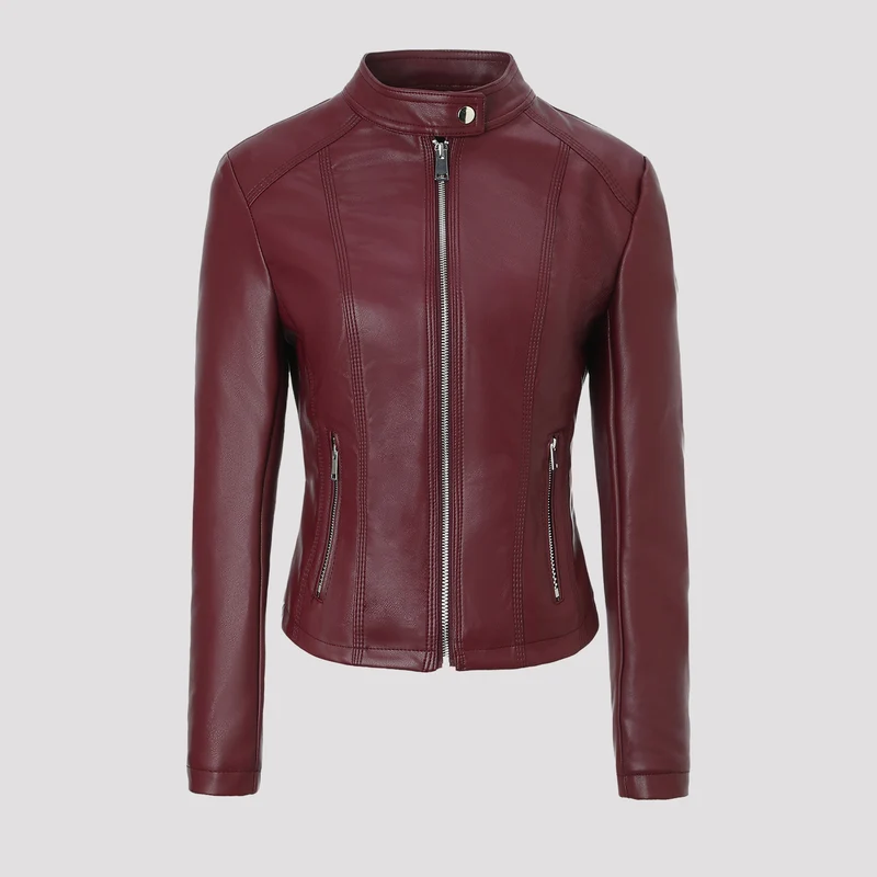 Damen Taillierte Lederjacke mit Stehkragen, vertikalen Ziernähten und Reißverschlusstaschen Nord Taschen