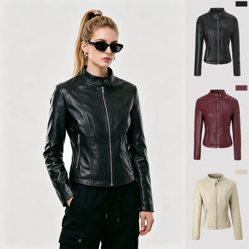 Damen Taillierte Lederjacke mit Stehkragen, vertikalen Ziernähten und Reißverschlusstaschen Nord Taschen