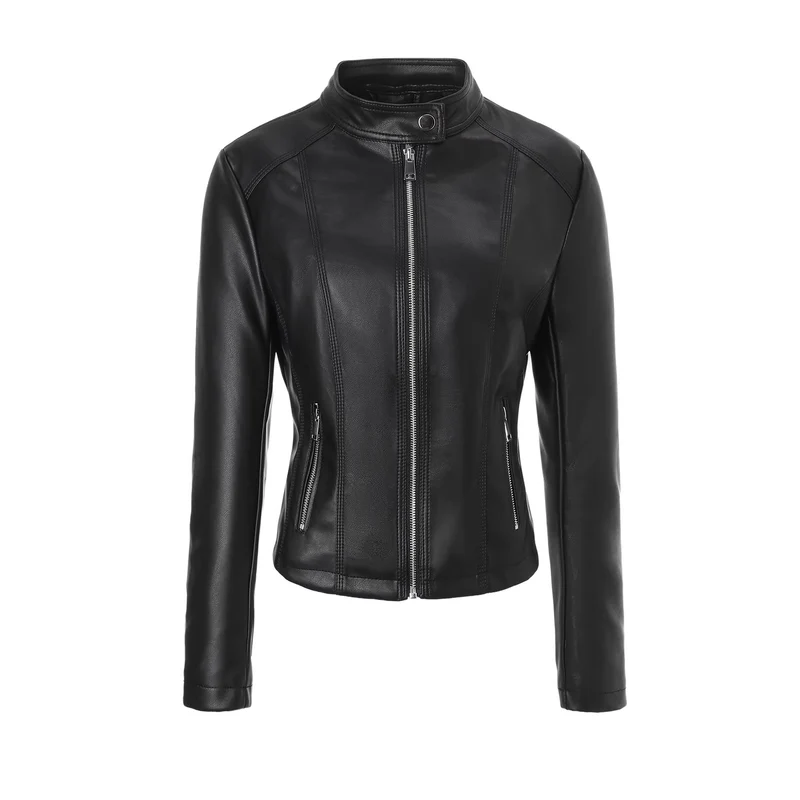 Damen Taillierte Lederjacke mit Stehkragen, vertikalen Ziernähten und Reißverschlusstaschen Nord Taschen
