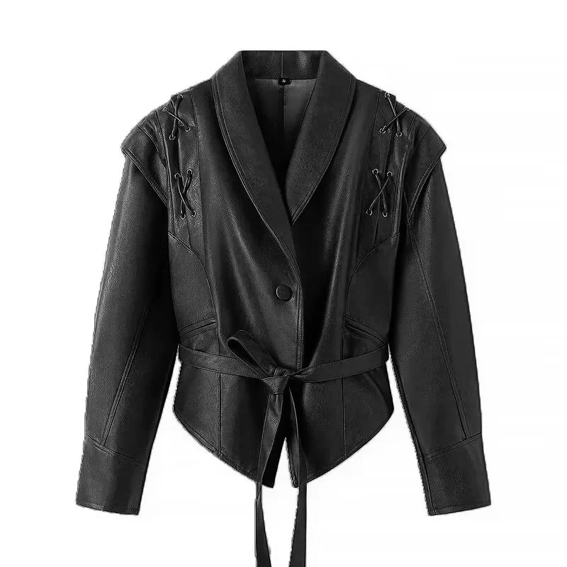 Damen Taillierte Kunstlederjacke mit Bindegürtel und Schulterschnürung Nord Taschen