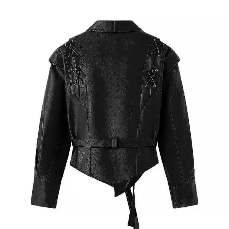 Damen Taillierte Kunstlederjacke mit Bindegürtel und Schulterschnürung Nord Taschen