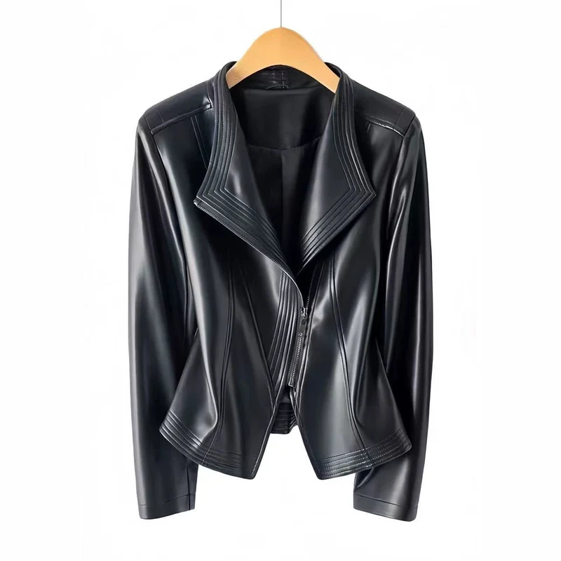 Damen Taillierte Kunstlederjacke mit asymmetrischem Reißverschluss und Ziersteppungen Nord Taschen