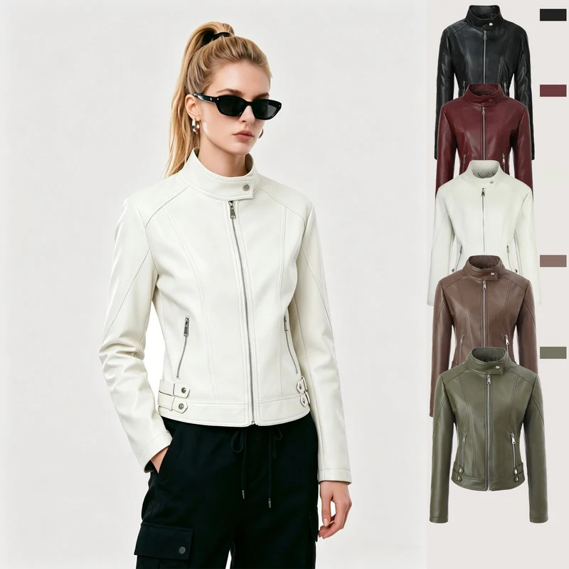 Damen Taillierte Kunstleder-Bikerjacke mit Stehkragen, vertikalen Ziernähten und seitlichen Schnallengurten Nord Taschen