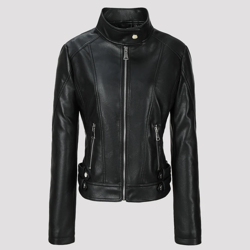 Damen Taillierte Kunstleder-Bikerjacke mit Stehkragen, vertikalen Ziernähten und seitlichen Schnallengurten Nord Taschen