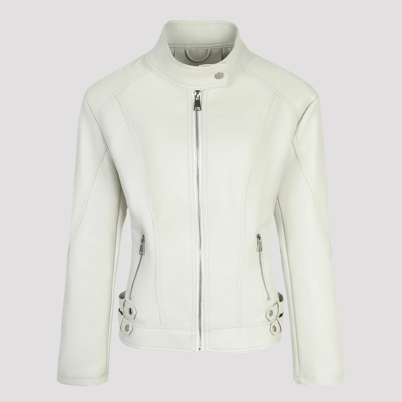 Damen Taillierte Kunstleder-Bikerjacke mit Stehkragen, vertikalen Ziernähten und seitlichen Schnallengurten Nord Taschen