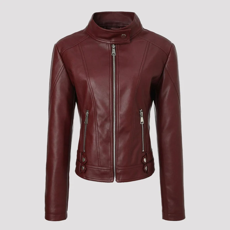 Damen Taillierte Kunstleder-Bikerjacke mit Stehkragen, vertikalen Ziernähten und seitlichen Schnallengurten Nord Taschen