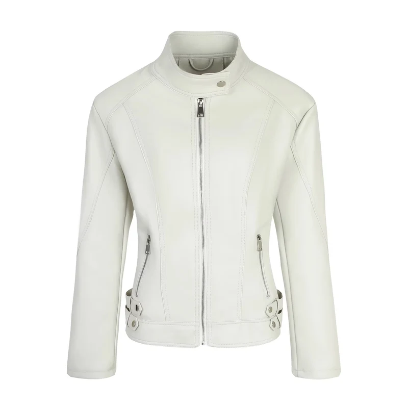 Damen Taillierte Kunstleder-Bikerjacke mit Stehkragen, vertikalen Ziernähten und seitlichen Schnallengurten Nord Taschen