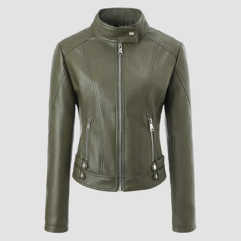 Damen Taillierte Kunstleder-Bikerjacke mit Stehkragen, vertikalen Ziernähten und seitlichen Schnallengurten Nord Taschen