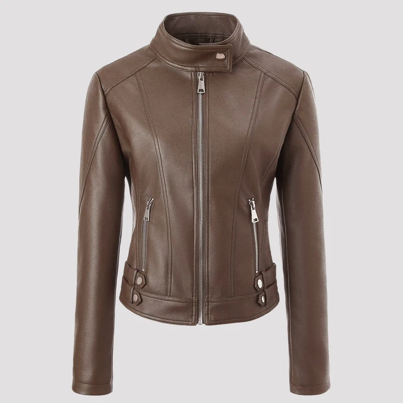 Damen Taillierte Kunstleder-Bikerjacke mit Stehkragen, vertikalen Ziernähten und seitlichen Schnallengurten Nord Taschen
