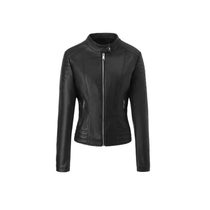 Damen Taillierte Kunstleder-Bikerjacke mit Stehkragen und Stepp-Details Nord Taschen