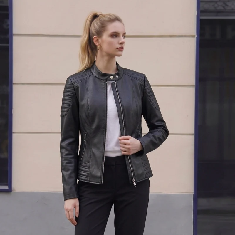 Damen Taillierte Kunstleder-Bikerjacke mit Stehkragen und Stepp-Details Nord Taschen