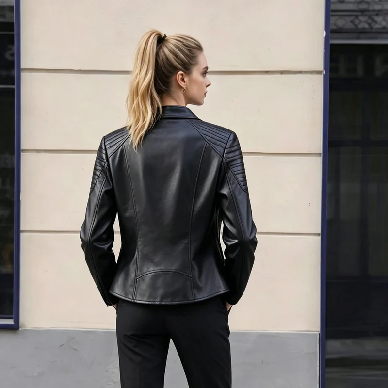 Damen Taillierte Kunstleder-Bikerjacke mit Stehkragen und Stepp-Details Nord Taschen