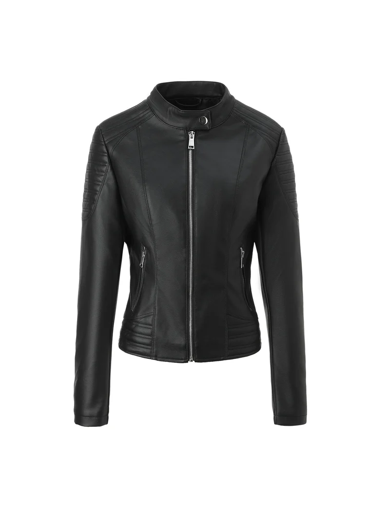 Damen Taillierte Kunstleder-Bikerjacke mit Stehkragen und Stepp-Details Nord Taschen