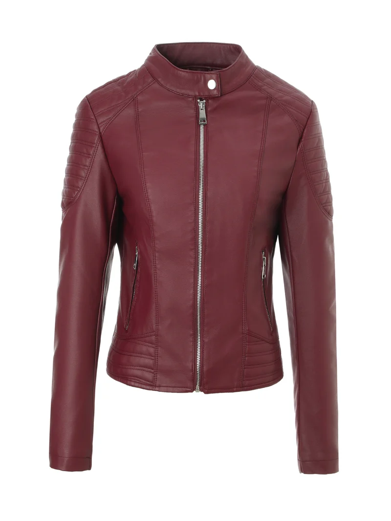 Damen Taillierte Kunstleder-Bikerjacke mit Stehkragen und Stepp-Details Nord Taschen